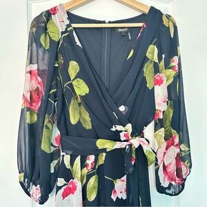 DKNY Sheer Navy Floral Chiffon Midi Wrap Style Dress Size 8